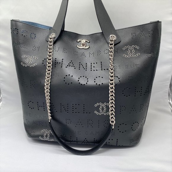Chanel Black Logo Eyelets Shopping Tote Perforated Calfskin with Silver Hardware - Picture 2 of 14